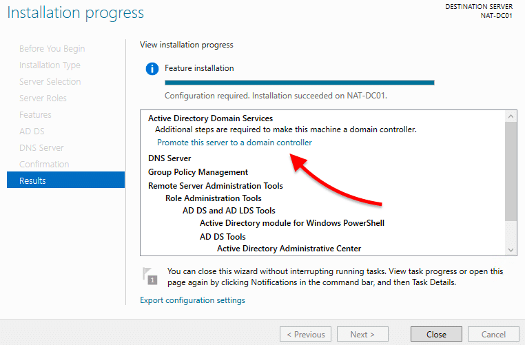 “Promote this server to a domain controller” selection