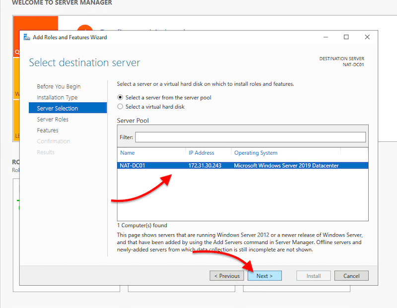 Select destination server