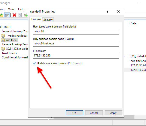 nat-dc01 Properties / Update associated pointer (PTR) record