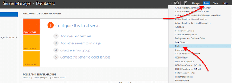Server Manager Dashboard / Tools / DNS