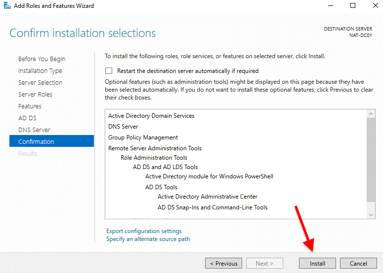 Confirm installation selections