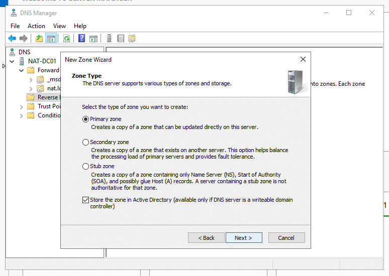 DNS MAnager / New Zone Wizard / Primary zone