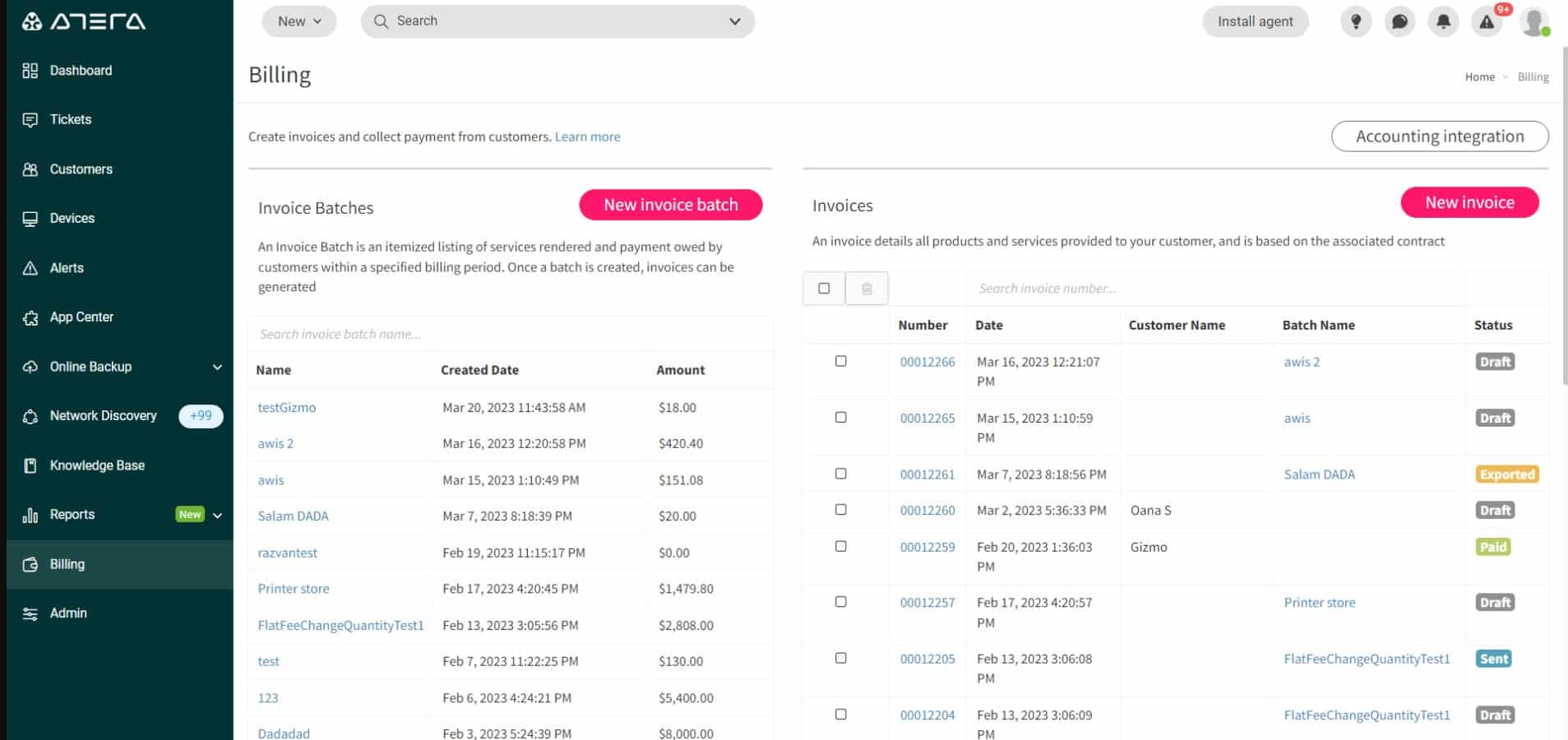 Atera PSA Billing Invoicing