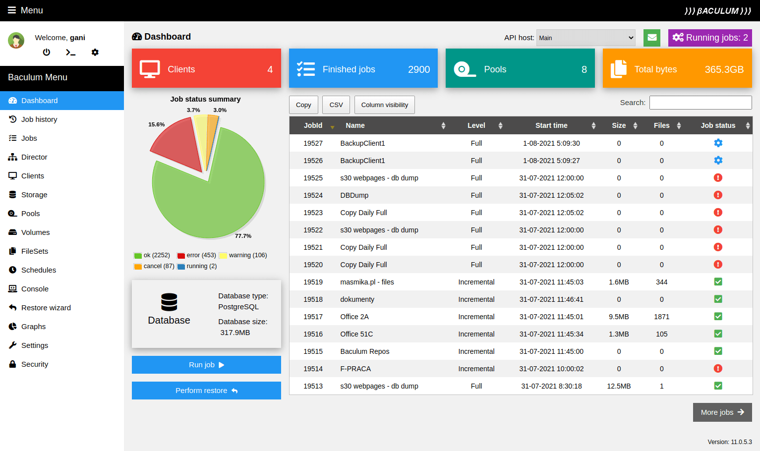 Bacula Web Interface dashboard