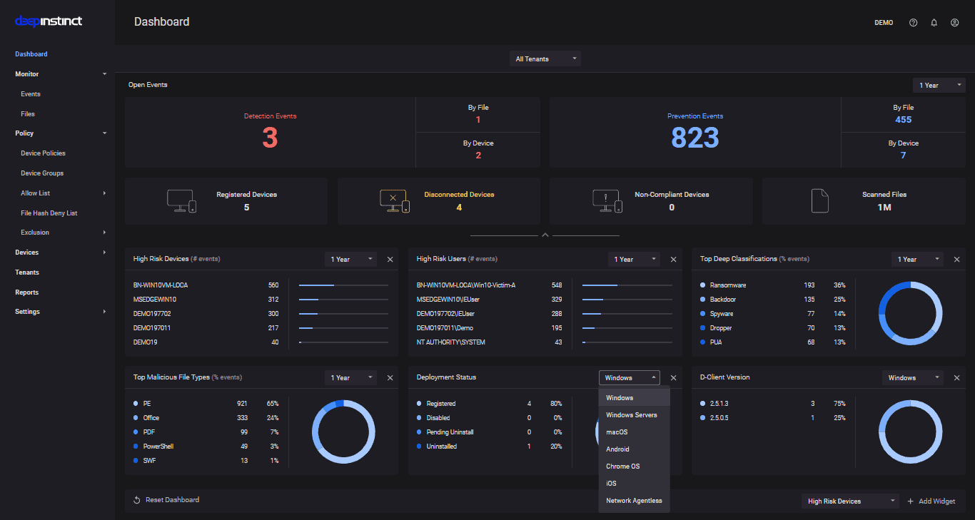 Deep Instinct dashboard