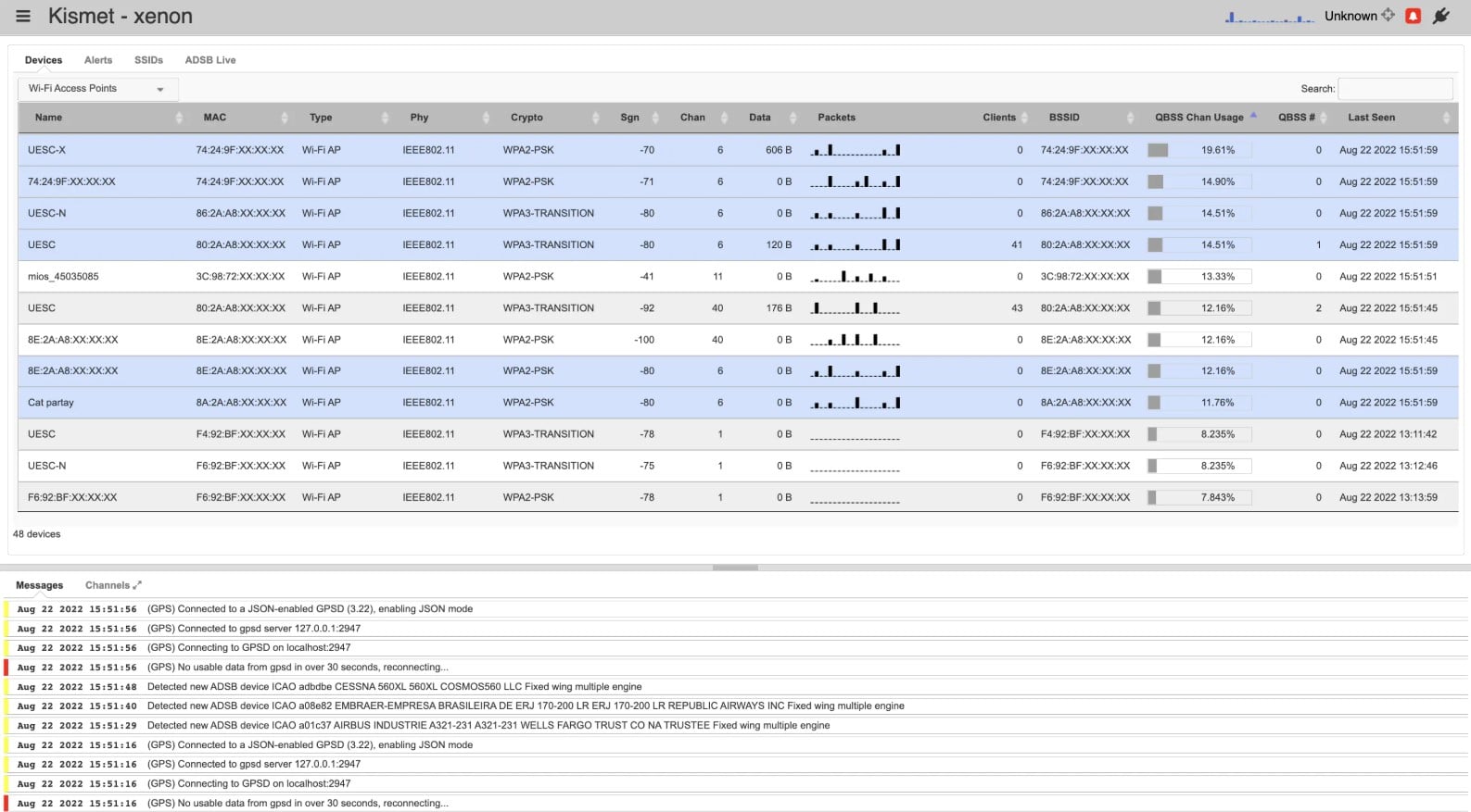 Kismet dashboard