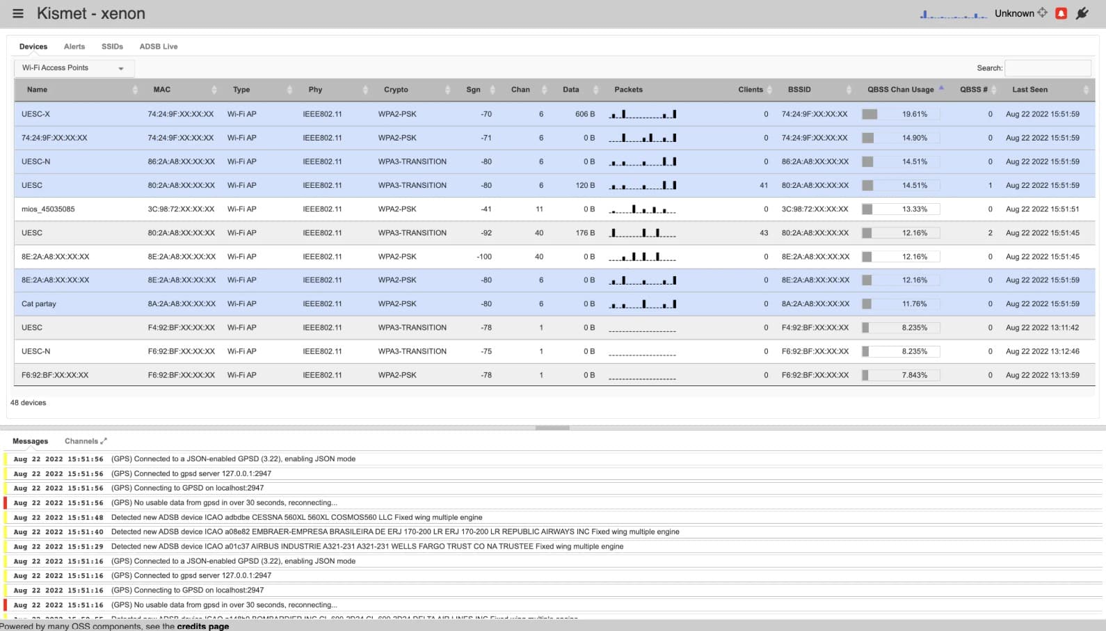 Kismet dashboard