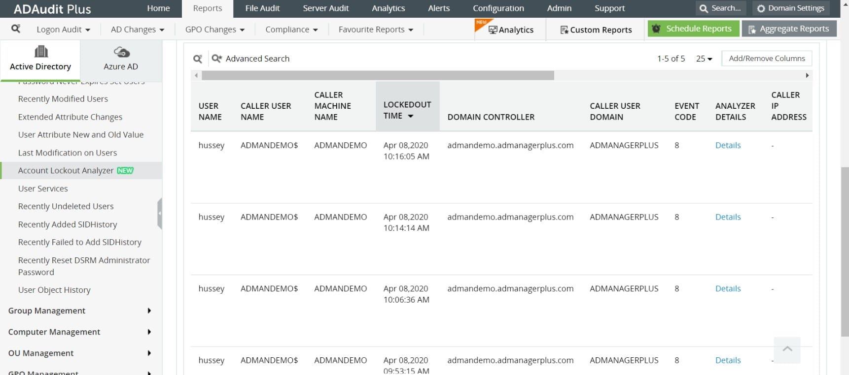 ManageEngine AdAudit Plus account lockout analyzer