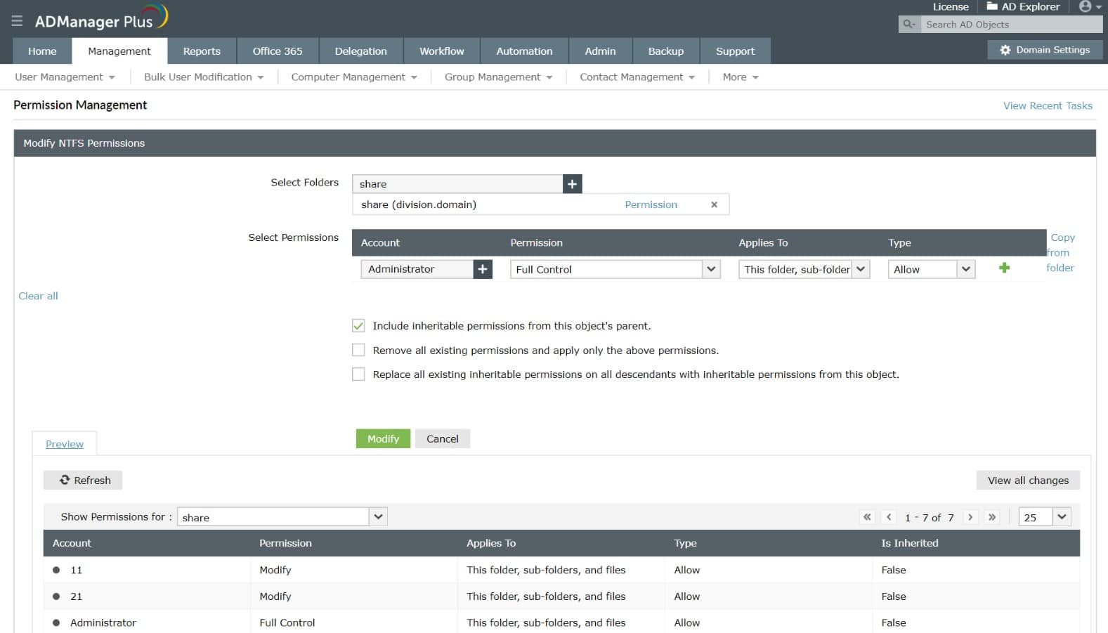 ManageEngine AdManager Plus NTFS permissions