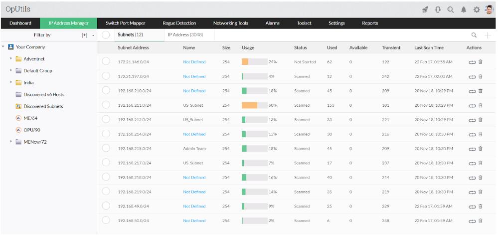 ManageEngine OpUtils IP Address Manager Subnets