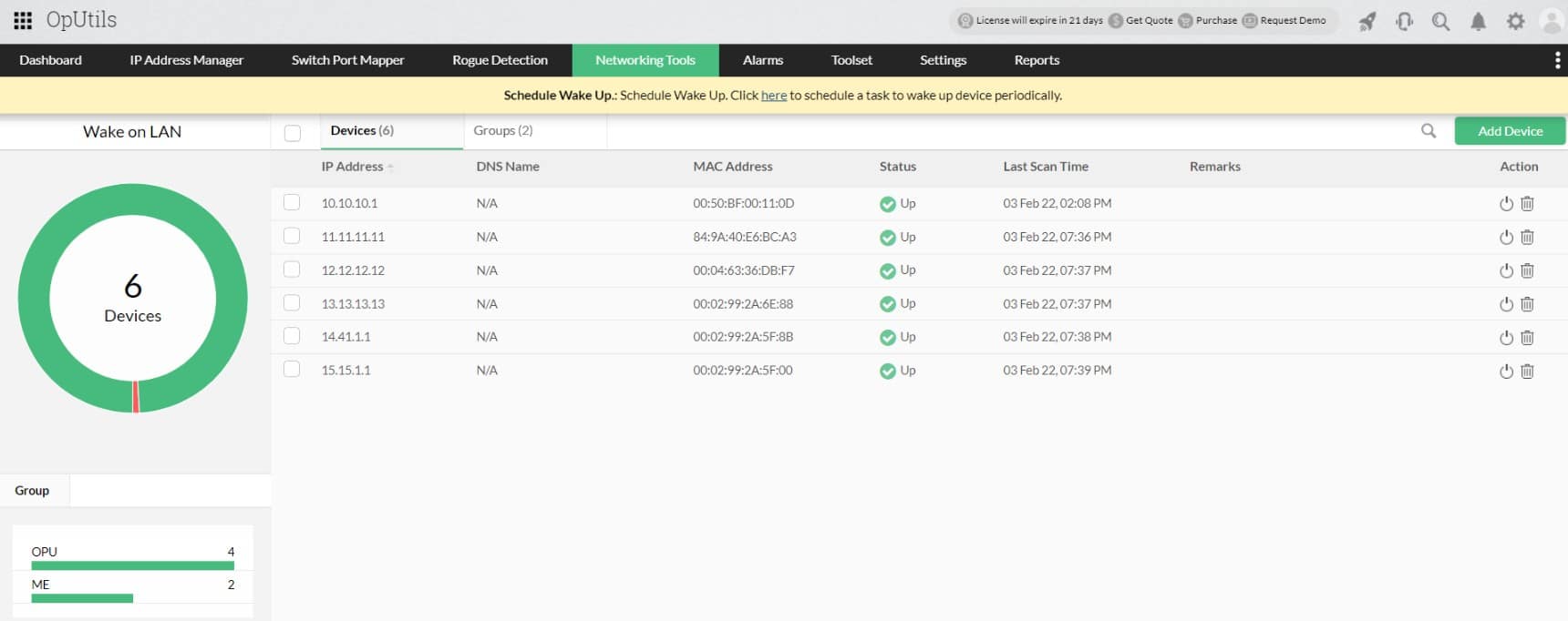 ManageEngine OpUtils Wake-on-lan