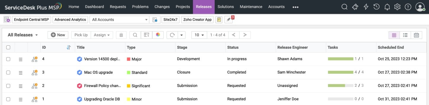 ManageEngine Service Desk Plus release management