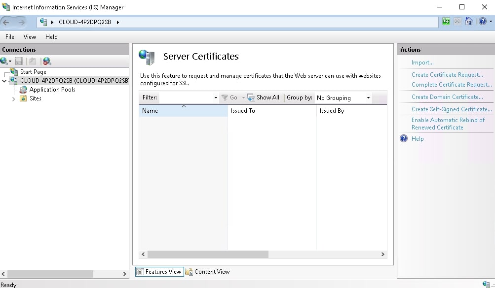 Server certificate screen