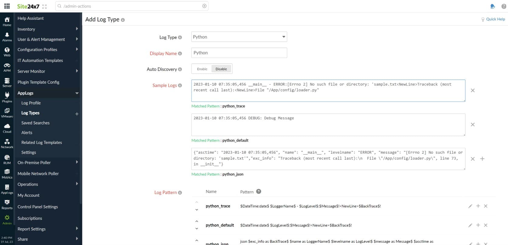 Site24x7 Python Logs Monitoring