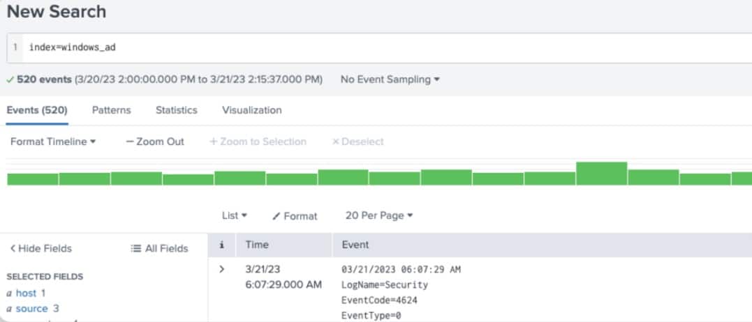 Splunk event log