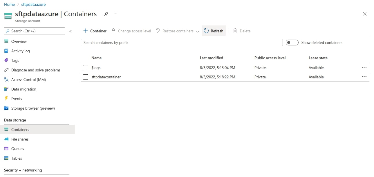 azure container created