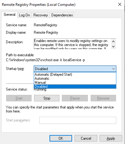 disable remote registry service