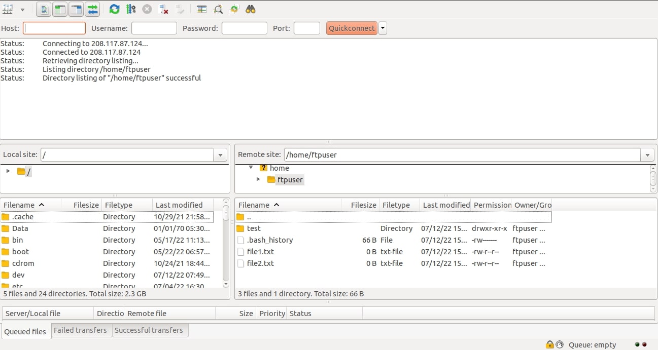 filezilla sftp server connected
