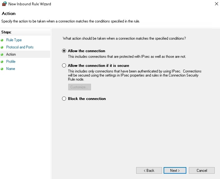 firewall action screen