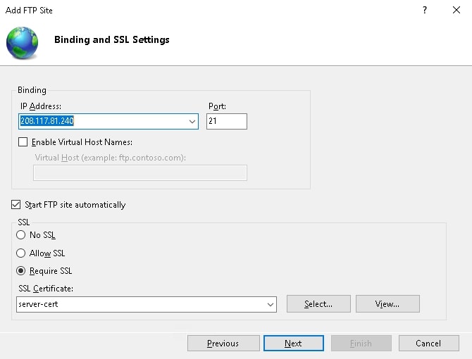 ftp binding and ssl settings