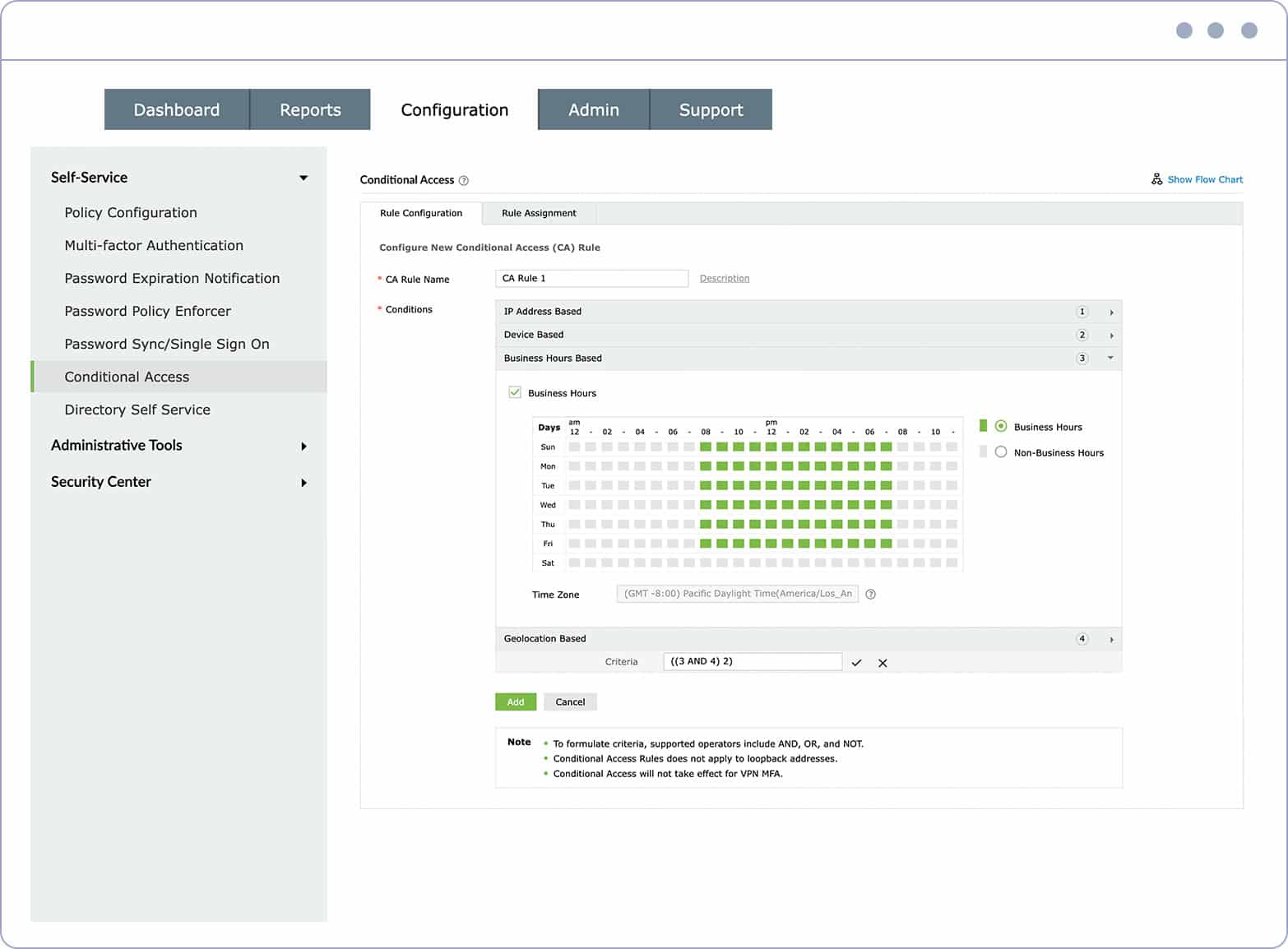 ADSelfService Plus Conditional Access rule based on business hours
