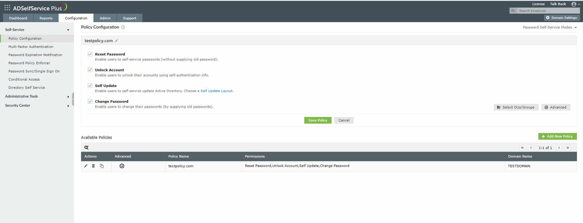 ADSelfService Plus password self service policy configuration screen for testpolicy