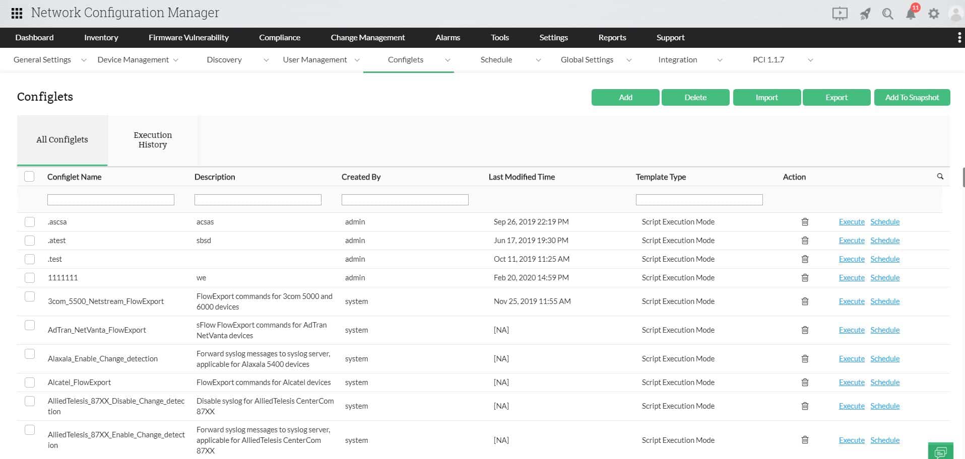 Network Configuration Manager header with Configlets list showing execute and schedule actions