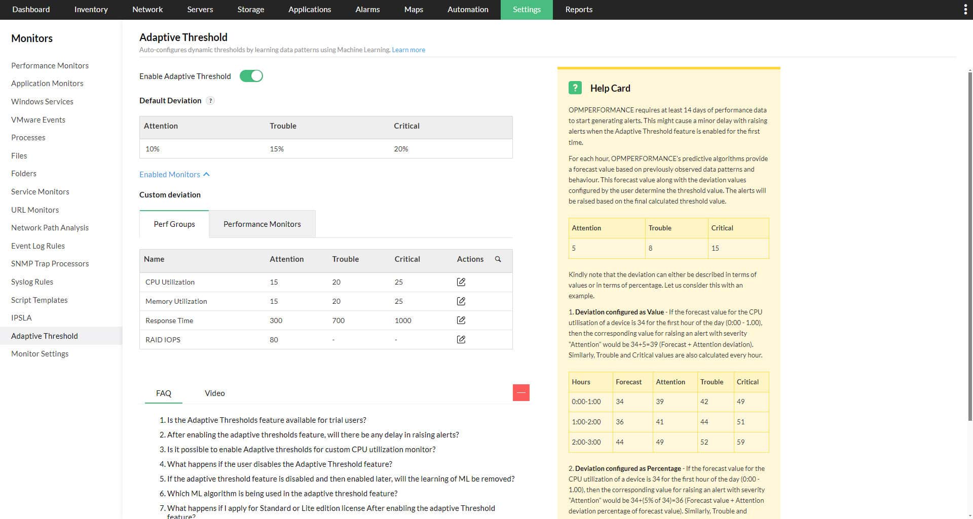 OpManager adaptive threshold settings showing forecast values deviation percentages and severity levels