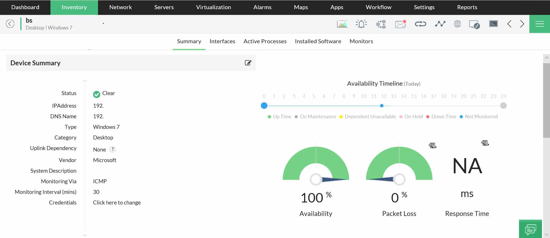 OpManager device summary showing packet loss and response time gauges with availability timeline