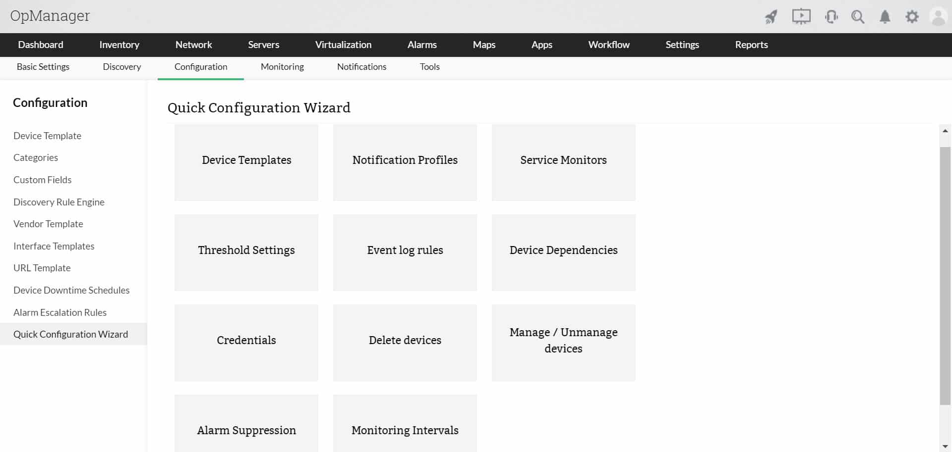 OpManager Quick Configuration Wizard with device templates credentials thresholds and manage unmanage options