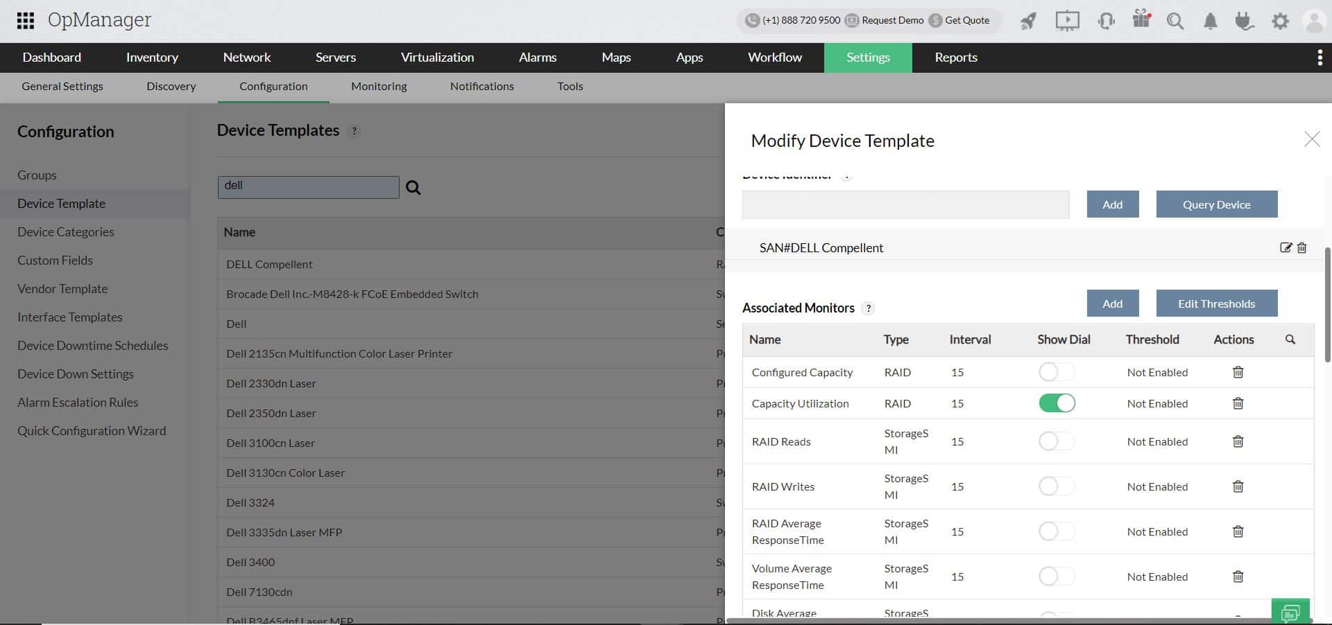 OpManager storage device template for Dell showing associated monitors and threshold options