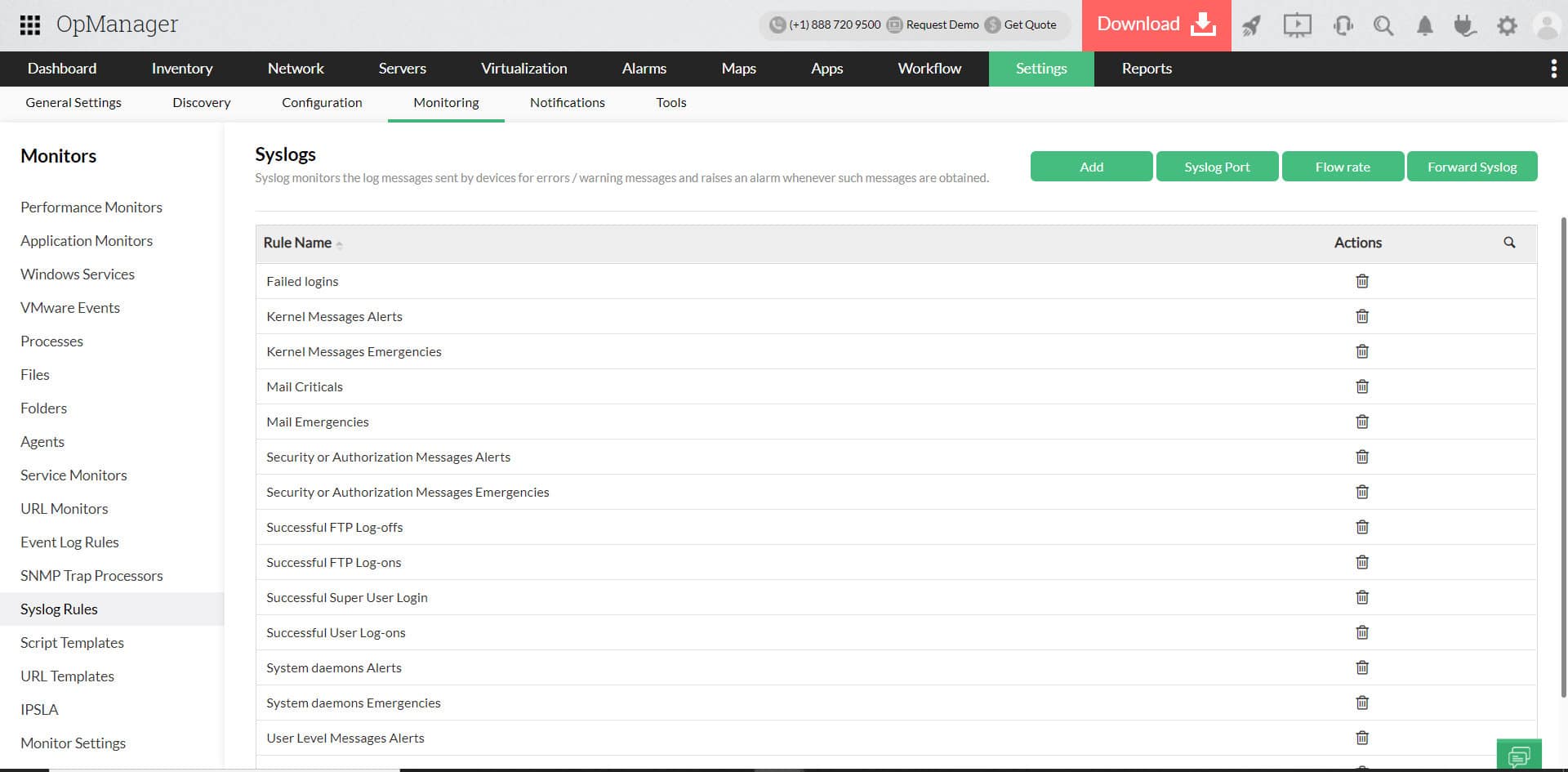 OpManager syslog rules page with add rule port flow rate and forward options
