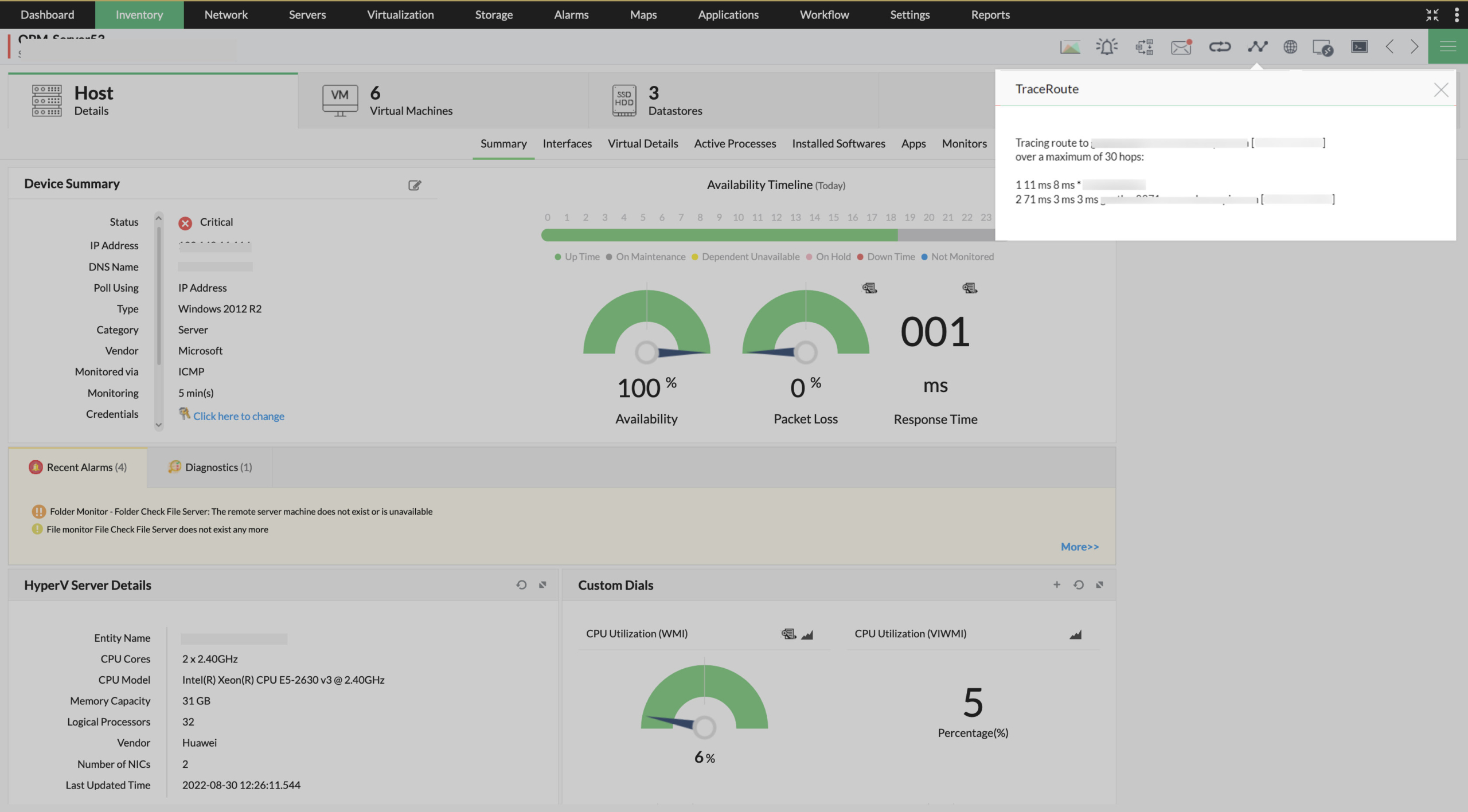 OpManager device snapshot with traceroute popup, availability, packet loss, and response time gauges