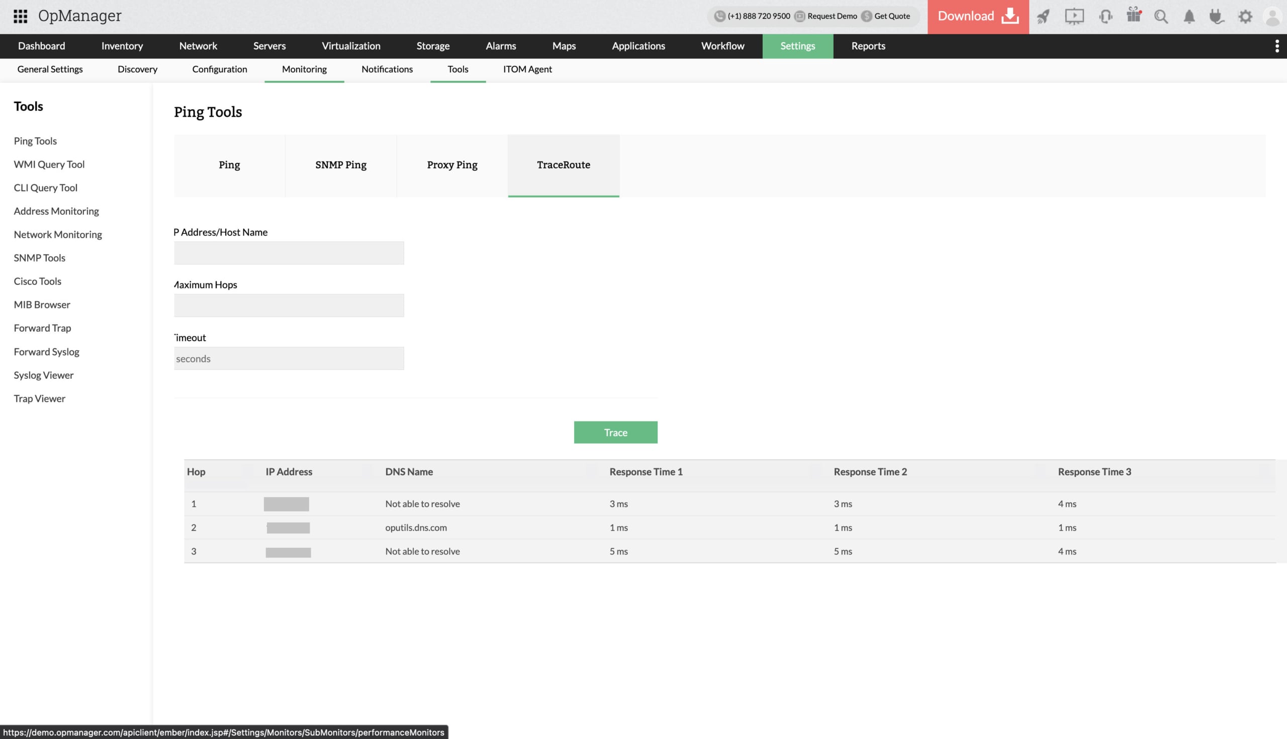 OpManager traceroute hop table with per hop response times and DNS names