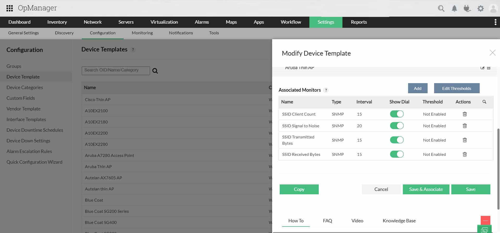 OpManager device template showing WiFi SSID client count signal to noise and bytes