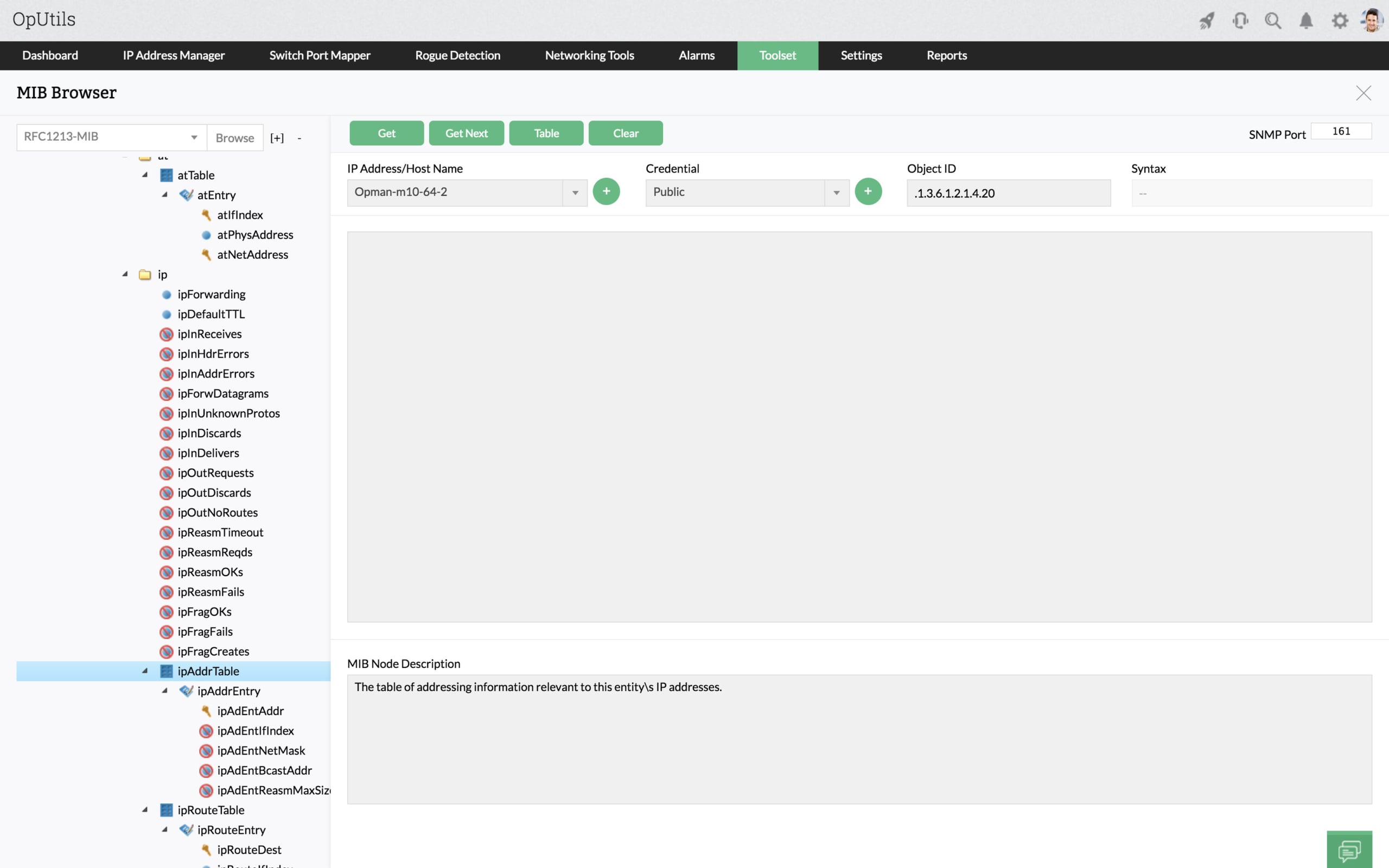 OpUtils MIB Browser showing RFC1213 MIB tree OID input and node description