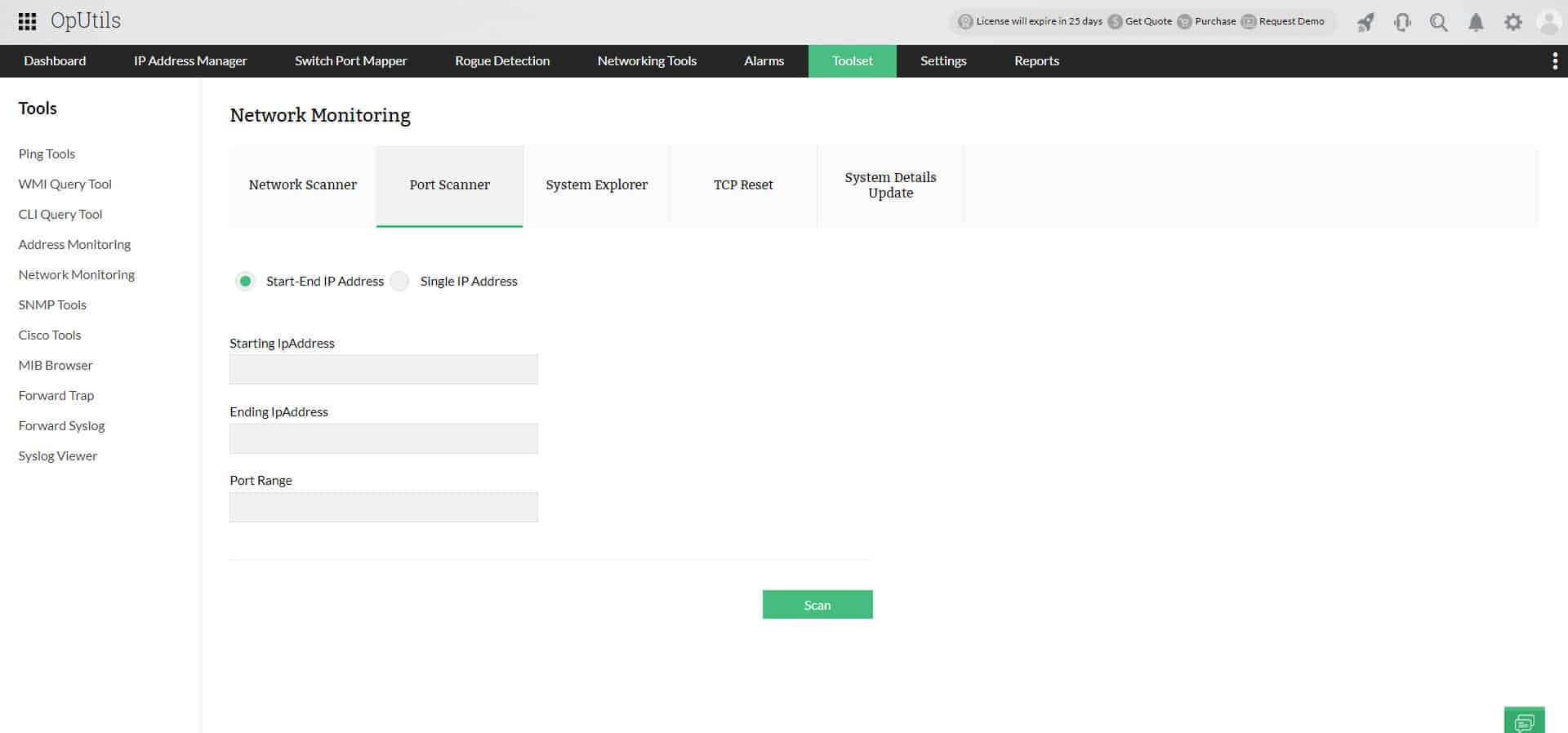 OpUtils port scanner form with start and end IP fields and port range