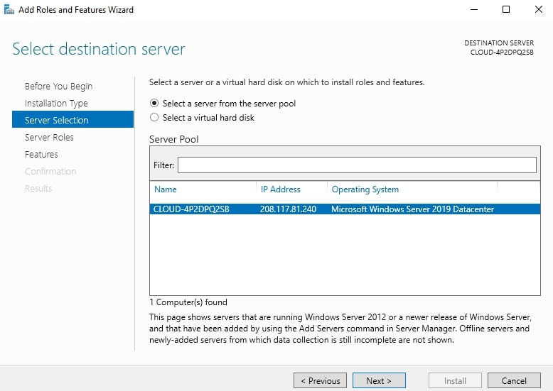 select destination server