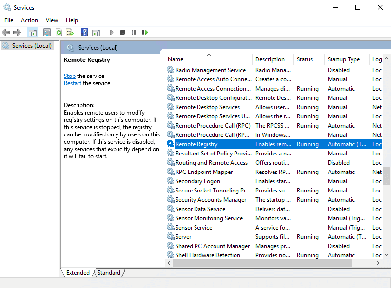 Windows Services page