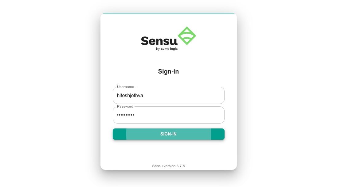 sensu login screen